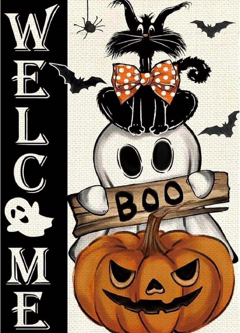 Kaixine Halloween Stamped Cross Stitch Kits for Adults Beginner, Black Cat Pumpkin Cross Stitch Kits Printed Stitching Patterns Dimensions Needlepoint Art Crafts Embroidery Kits for Adults Beginners 12x16 in - Image 1